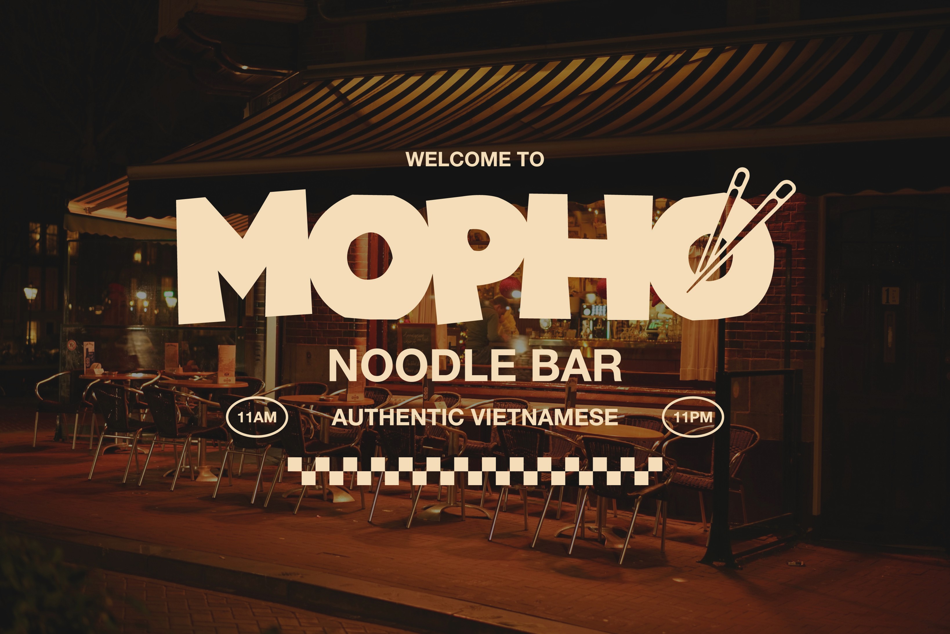 Brand signage and logo design for Mopho Noodle Bar, an authentic Vietnamese restaurant with bold typography and a warm, inviting atmosphere