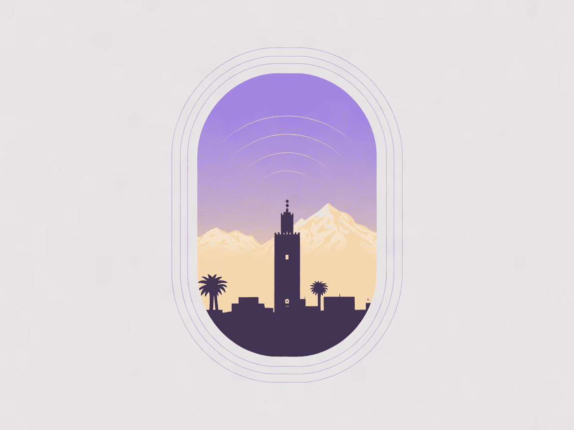 Signal arcs rising over an illustrated Marrakech skyline with the Koutoubia minaret and the Atlas mountains, seen through an aeroplane window
