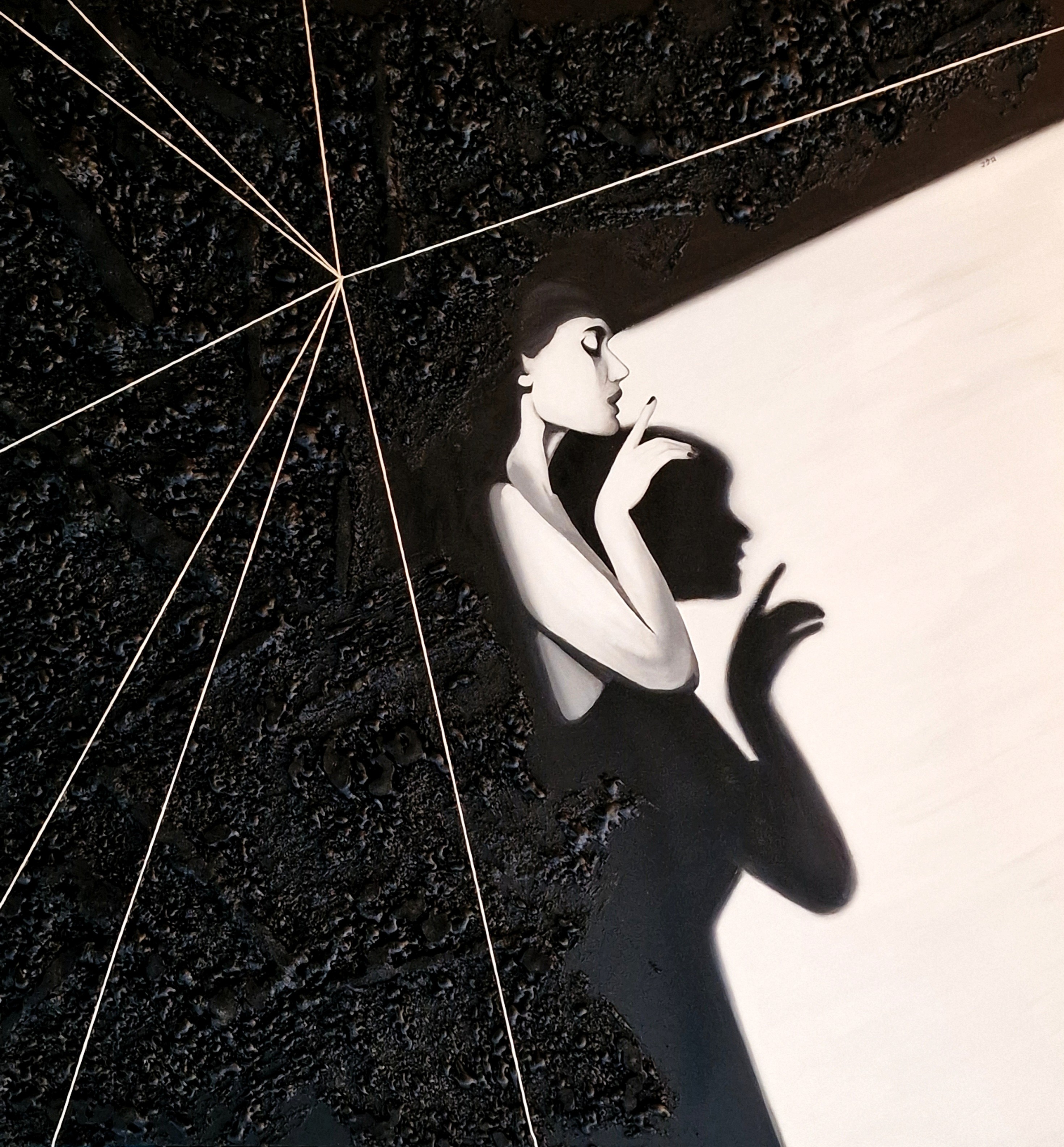 Contemporary abstract figurative artwork on canvas with strong light and shadow contrast, female silhouette and mixed media textures