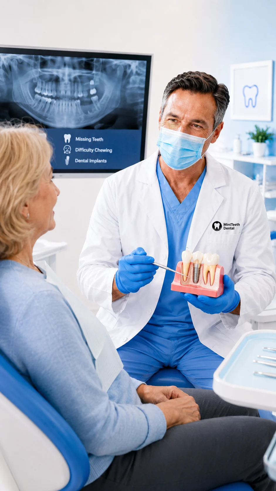 Dentist explaining dental implant treatment to an older patient in a modern clinic.