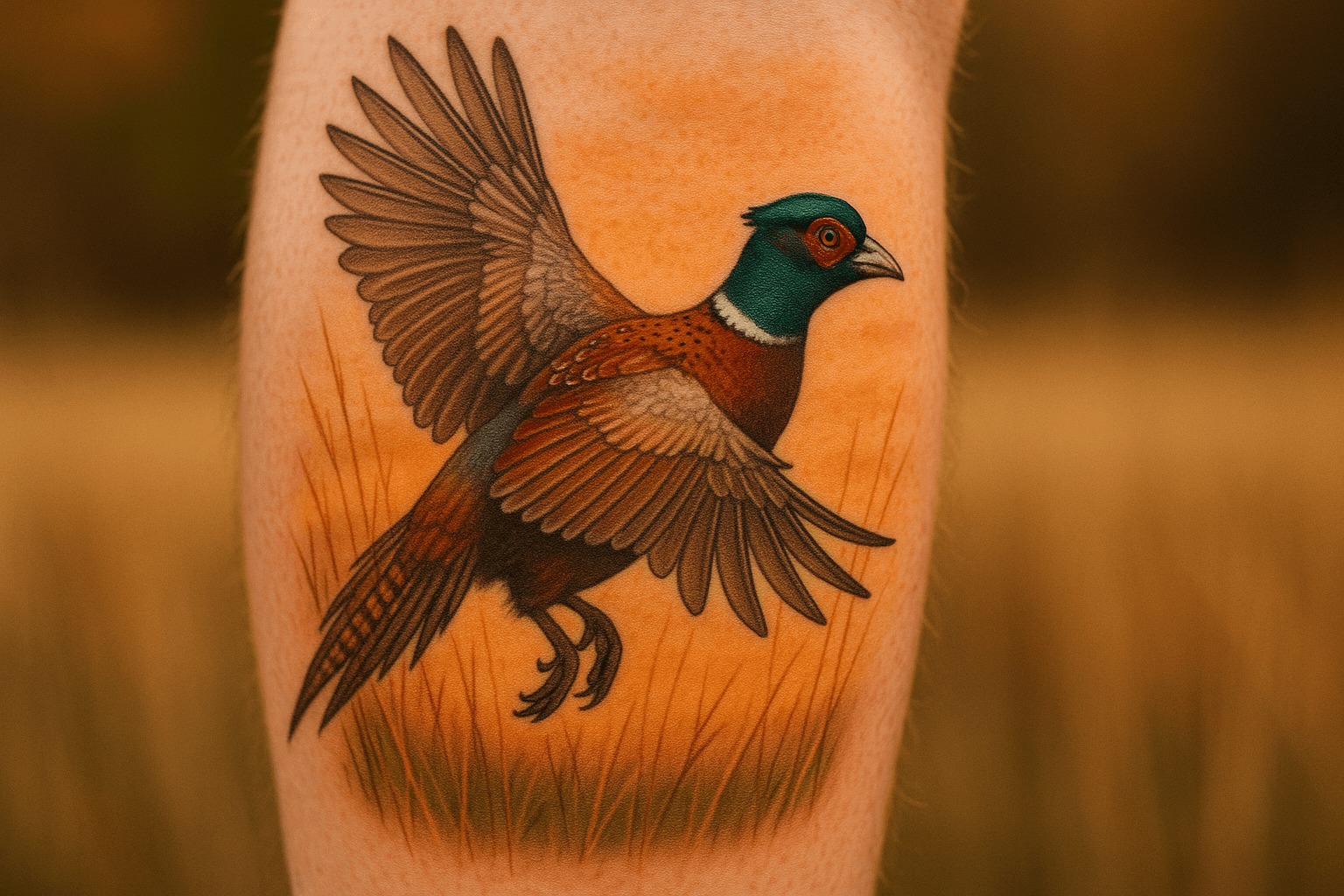 A vibrant, realistic tattoo of a flying Ring-necked Pheasant on a client's leg, done by Sacred Skin Tattoo in Williston.