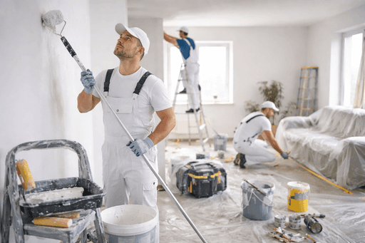 Maler streichen eine weiße Wand mit einer Rolle. Hausrenovierung.