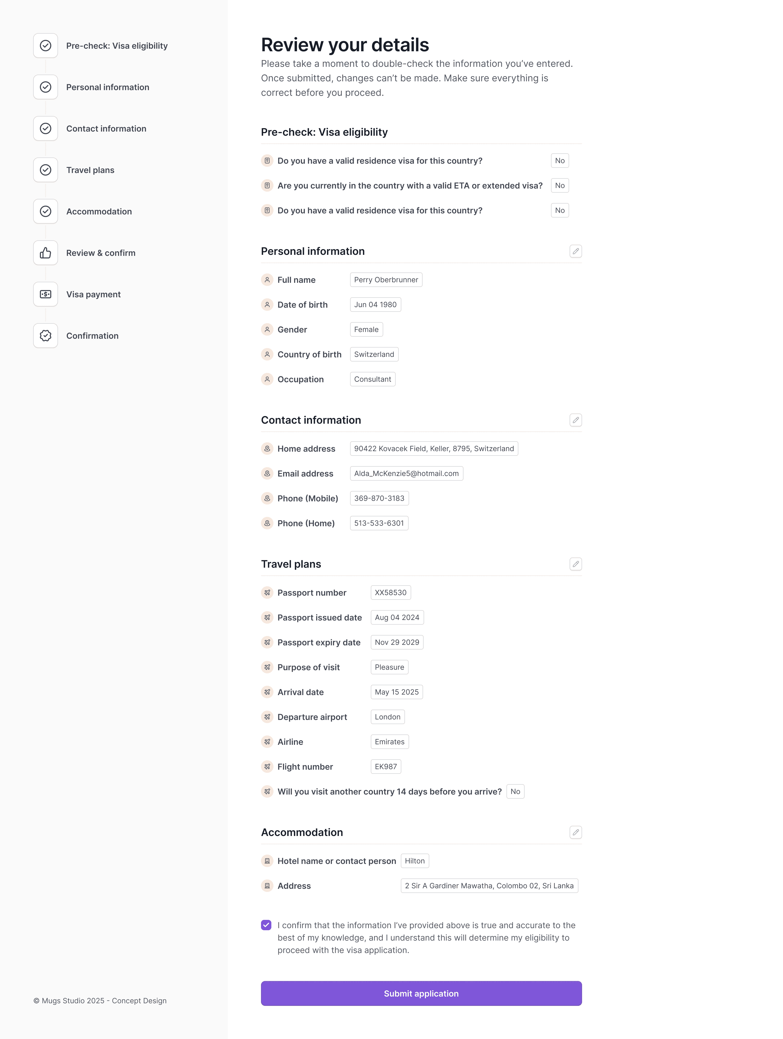 Review step showing a full summary of eligibility, personal details, travel plans, and accommodation.