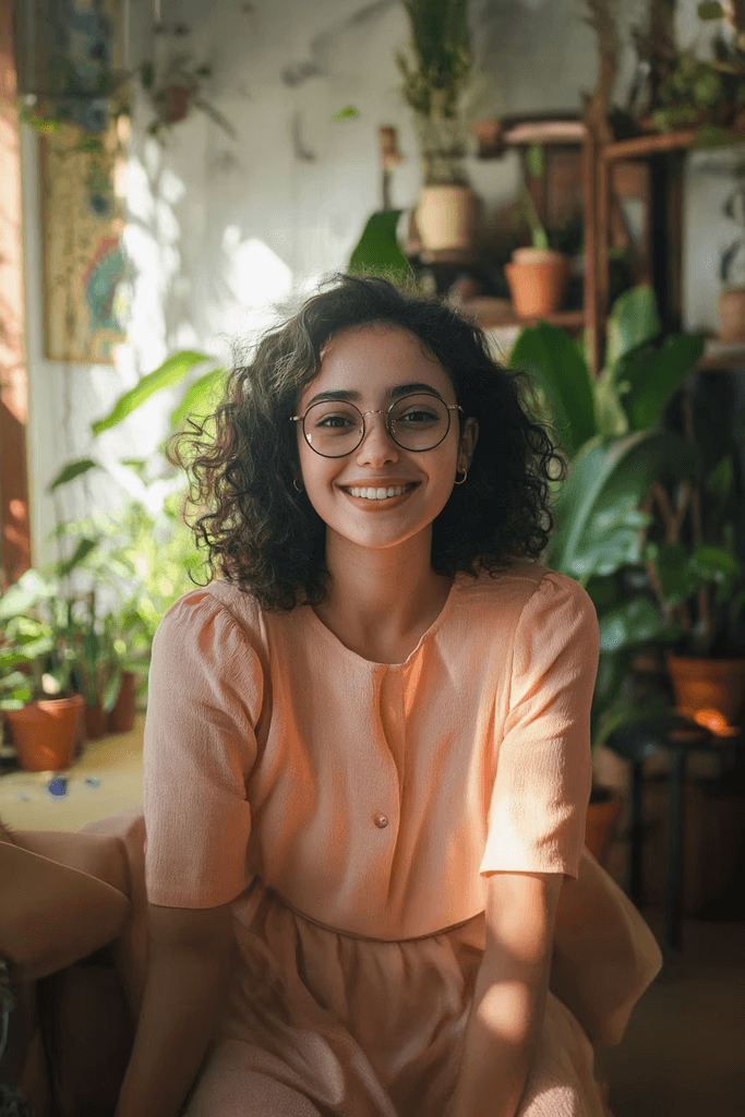 A woman with curly hair and glasses smiles warmly, wearing a peach dress. She's in a sunlit room filled with lush green plants, creating a cozy, serene atmosphere.