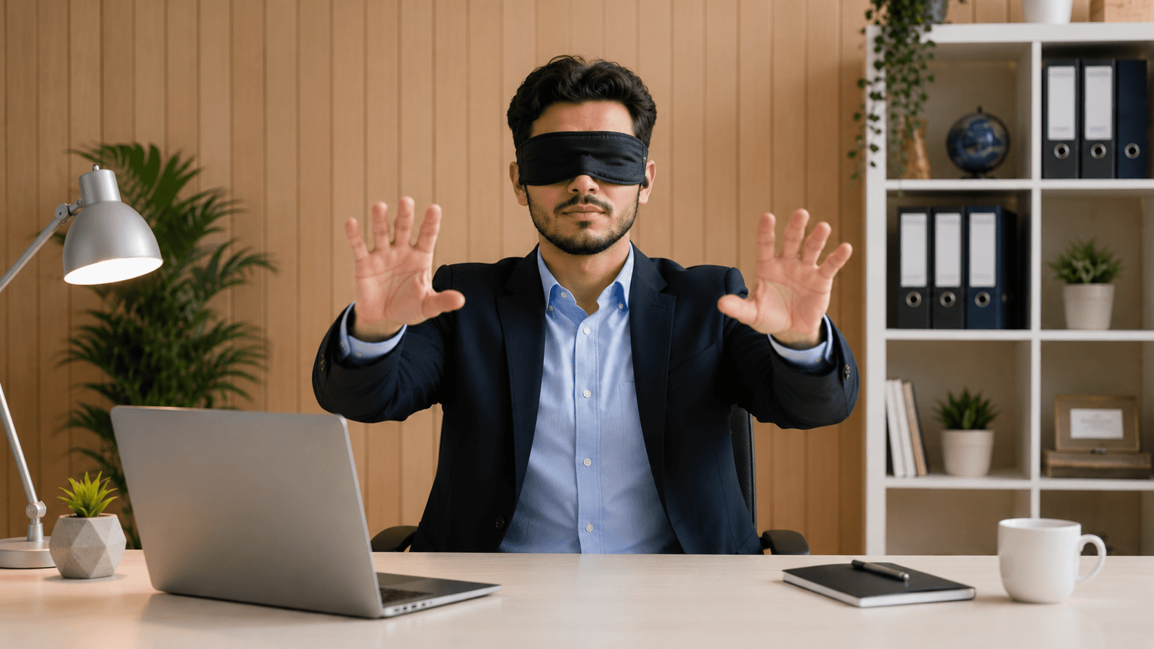A man with a blindfold sits at a desk, focused on a laptop in front of him.