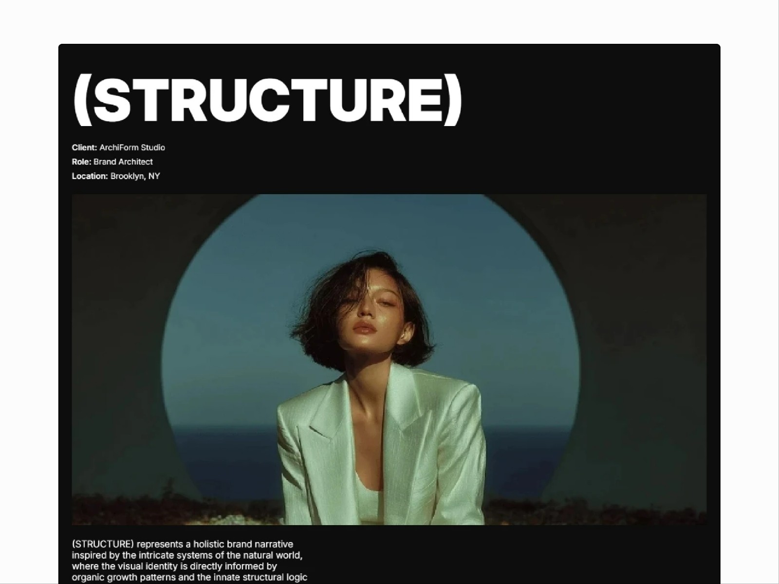 Project showcase page titled "(STRUCTURE)" with a dark theme, a large portrait of a woman in a white blazer, and descriptive text.