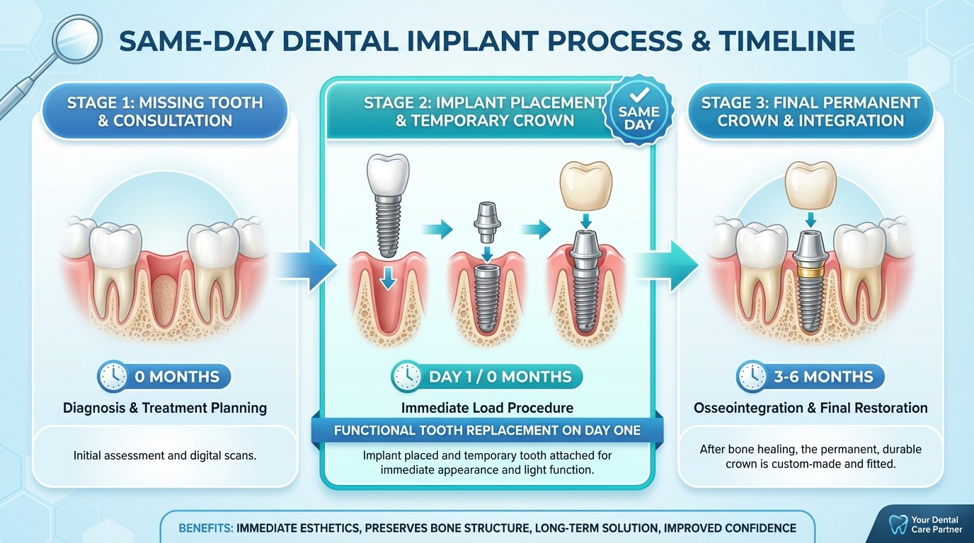 Same-day dental implant procedure timeline showing immediate tooth replacement and restoration process at Smyrna Dental Studio