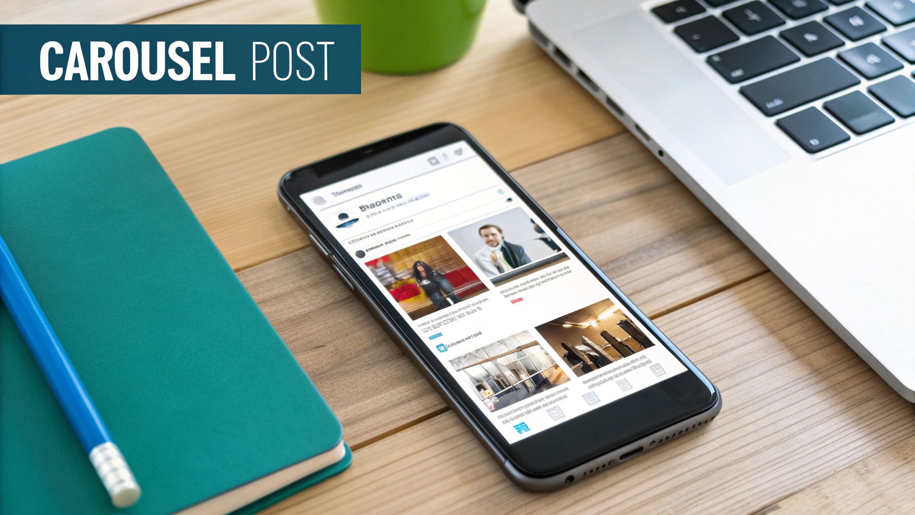 Smartphone displaying LinkedIn carousel post on wooden desk with laptop and notebook