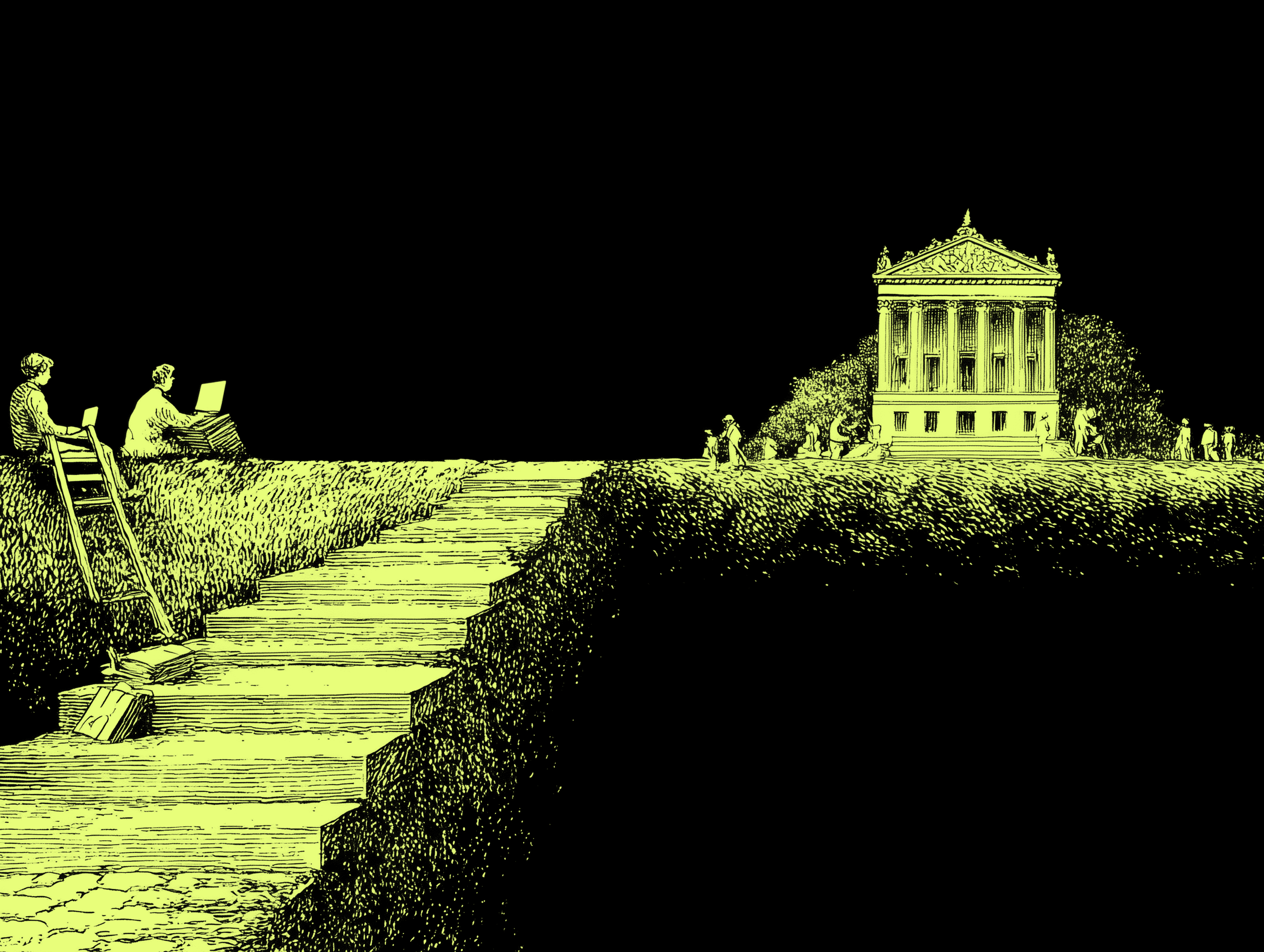 Ilustración de un camino escalonado que conduce a una estructura clásica, representando una alternativa al camino tradicional de formación empresarial.