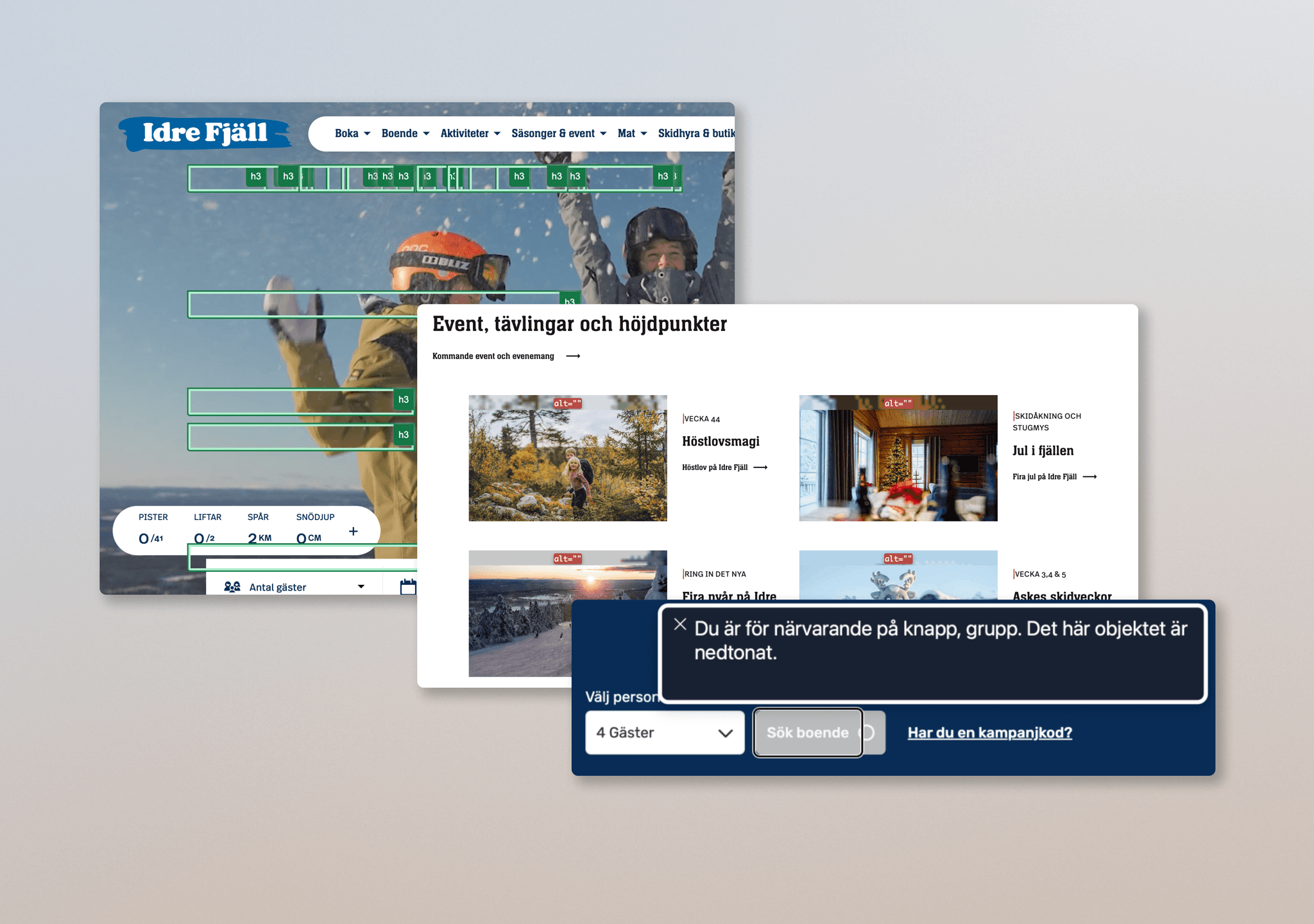 Screenshots from our accessibility testing of Idre Fjäll’s website, showing focus outlines, navigation tests, and screen reader feedback