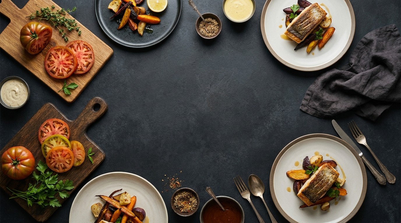 Overhead food photography with dishes on a dark table