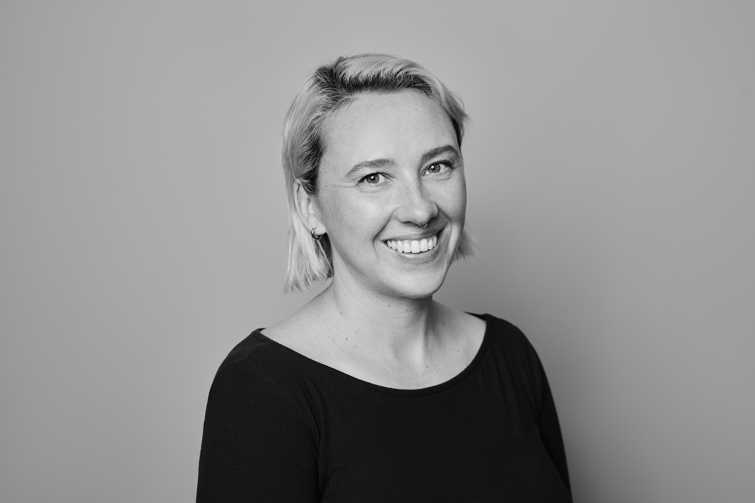 A black and white image of Becky Charlton