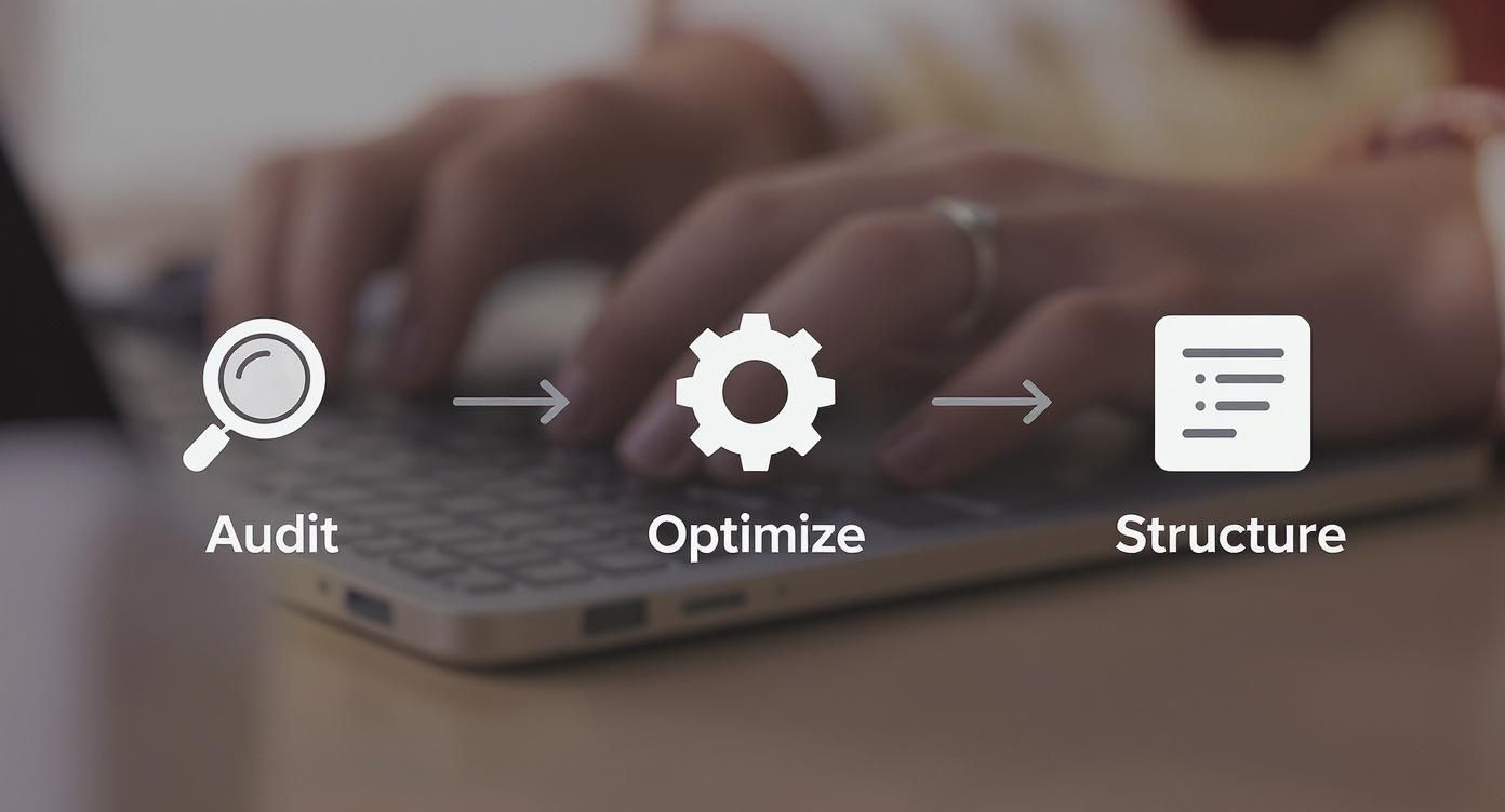 Infographic showing the three-step process to make a hotel machine-readable: Audit, Optimize, and Structure.