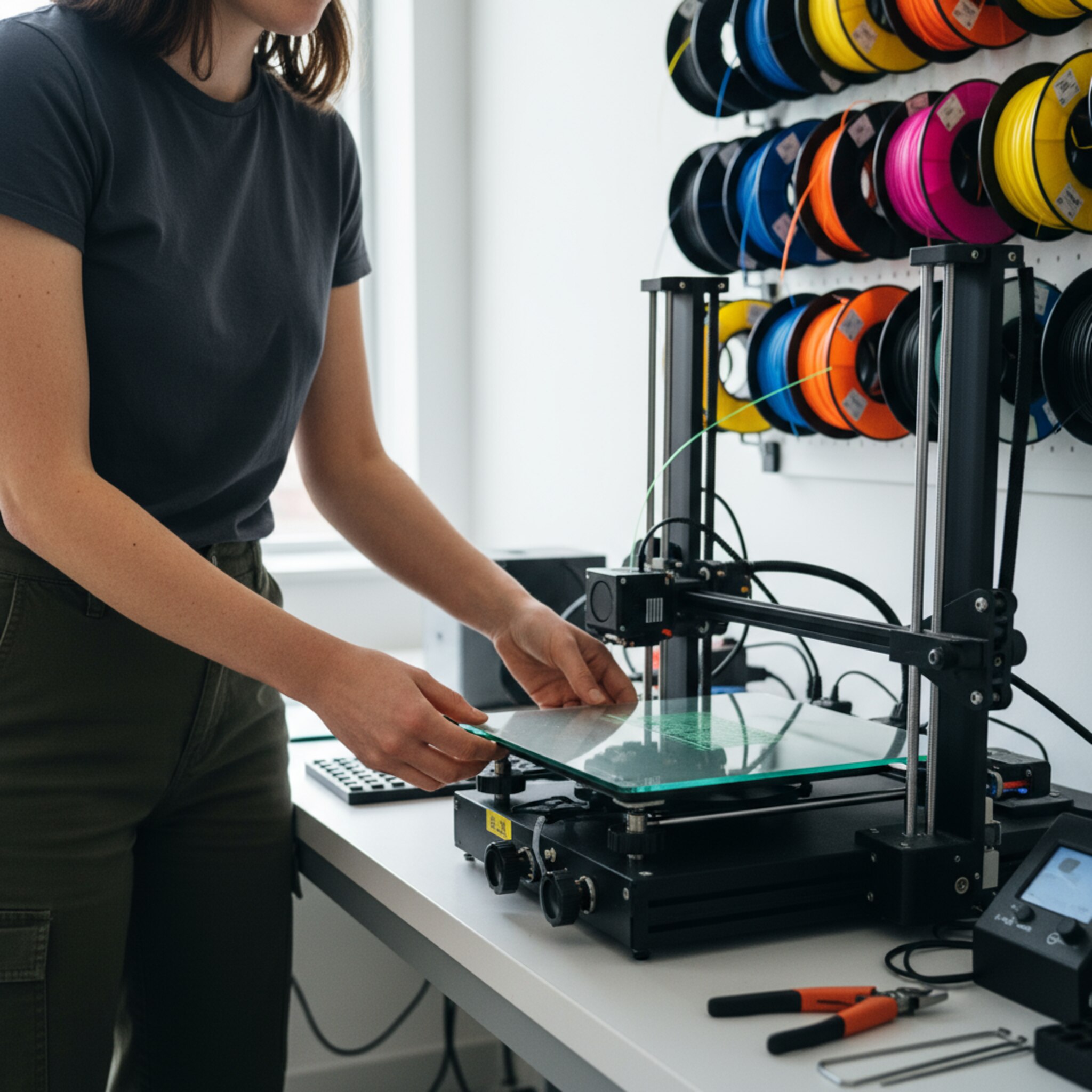 Eine Makerin richtet sorgfältig die Bauplatte eines 3D-Druckers aus und prüft den ersten Faden. Im Hintergrund sind sortierte Filamentspulen in kräftigen Farben zu sehen. Das Licht fällt weich auf die Hände und die glatte Glasfläche. Die Szene wirkt methodisch und gewissenhaft.