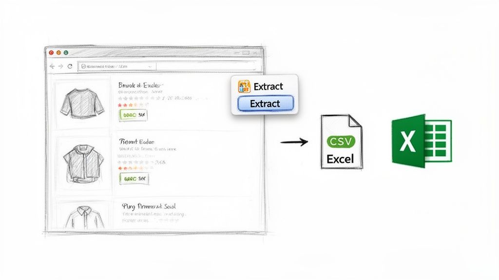 Illustration of web scraping, extracting product data from a browser into a CSV/Excel file.