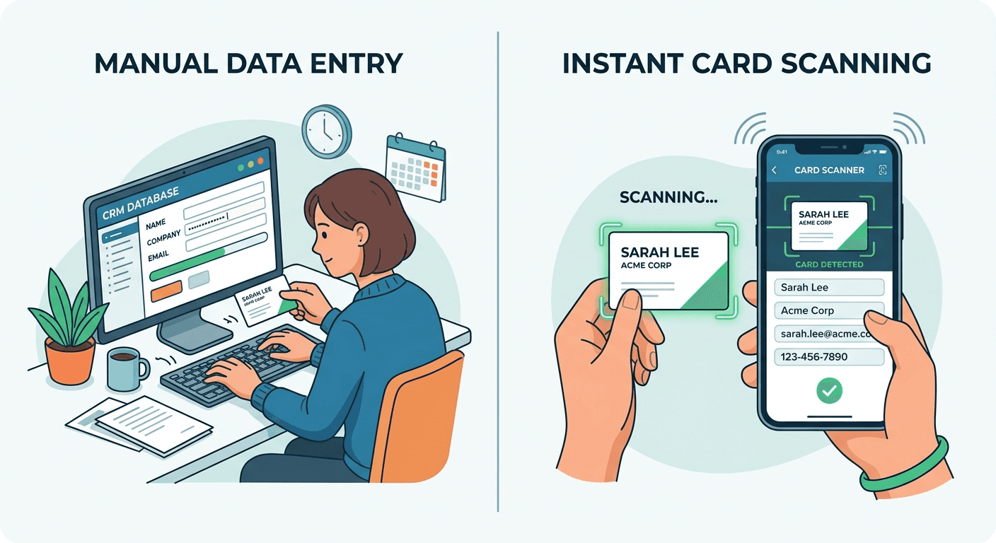 Habsy business card scanner vs manual CRM entry showing faster digital contact capture
