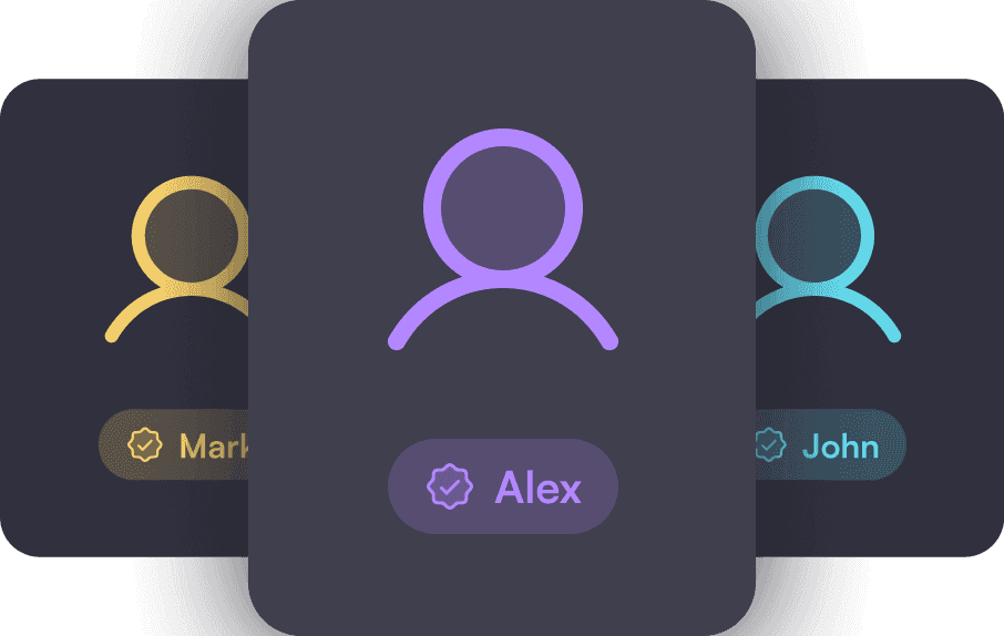 Three dark-mode user profile cards featuring outline icons and verified name tags: "Mark" in yellow, "Alex" in purple, and "John" in teal.