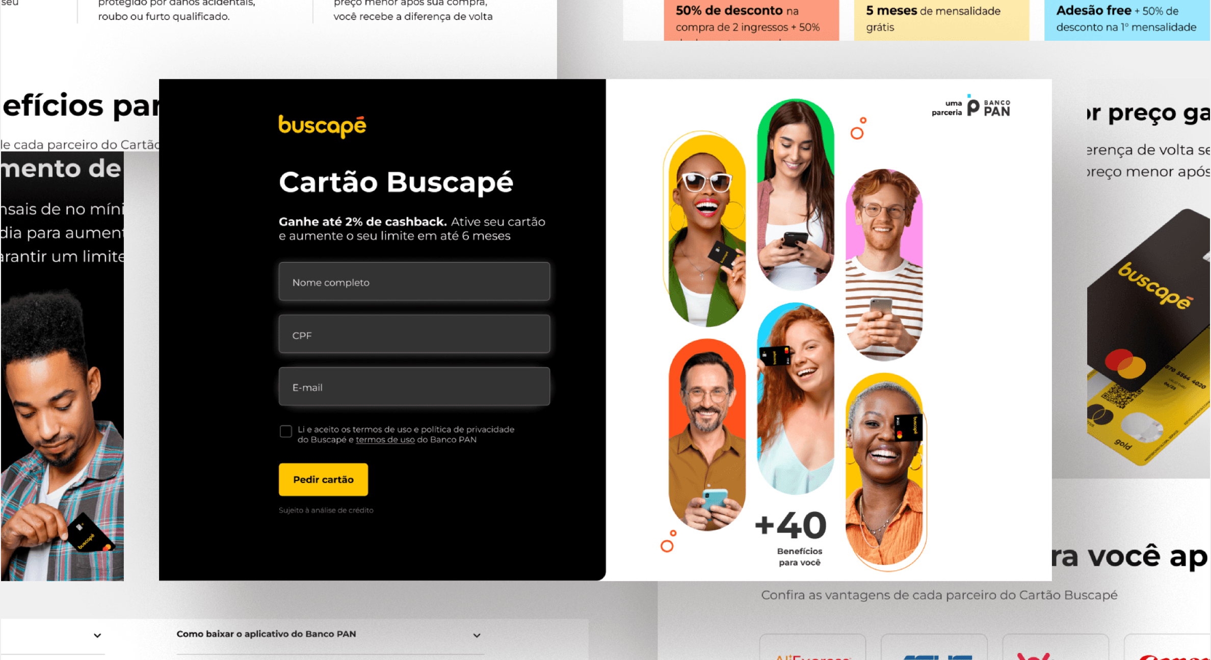Formulário de solicitação do cartão de crédito Buscapé, com destaque para o benefício de cashback e a possibilidade de aumentar o limite do cartão. A imagem apresenta um design moderno e convidativo, com fotos de pessoas utilizando o cartão.