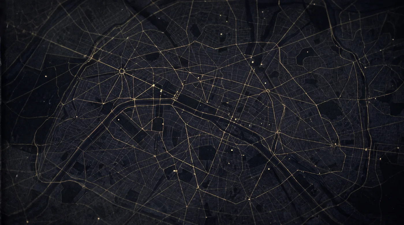 A dark city map with thin gold route lines