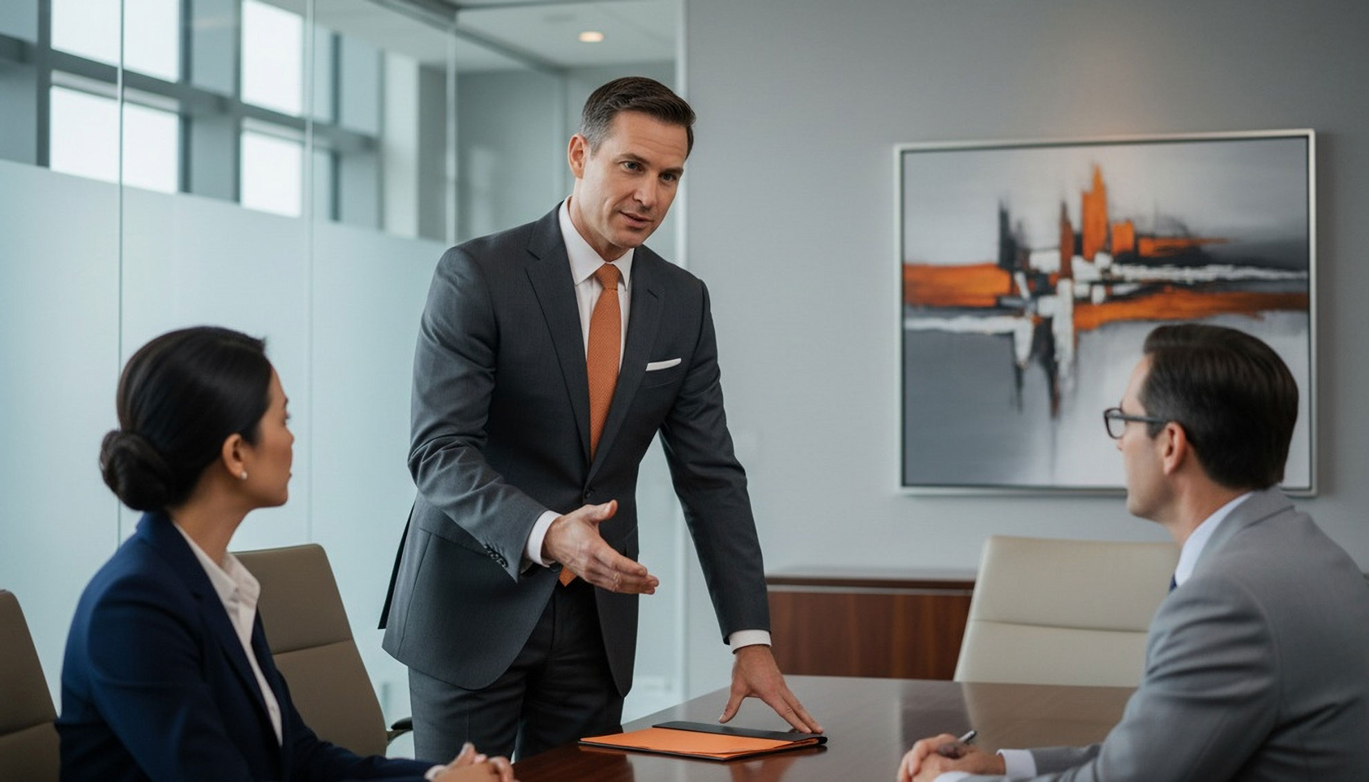 Attorney speaking with two others in an office setting