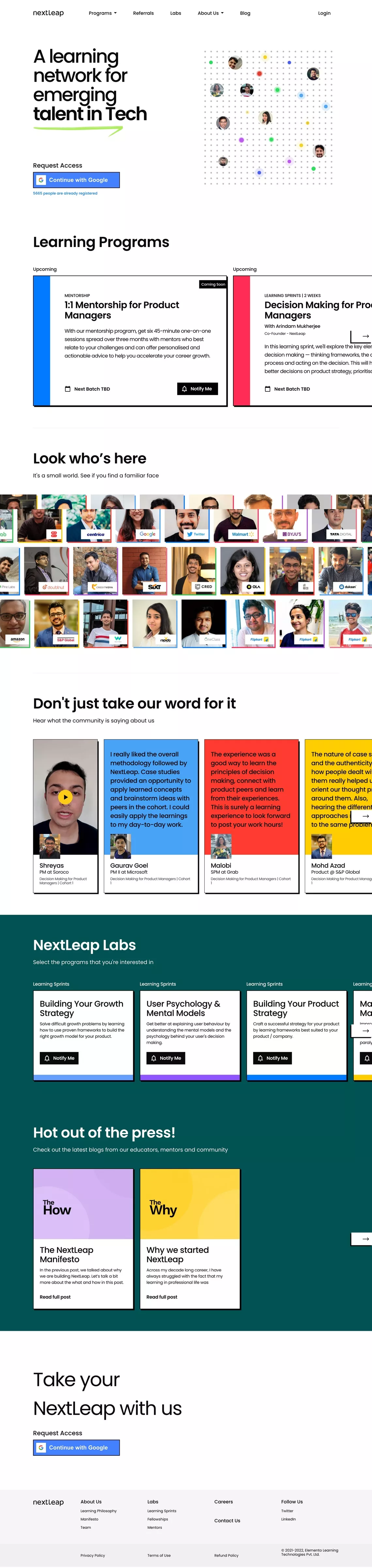 NextLeap - Learning is now social, hands landing page screenshot showcasing Design and Tech design