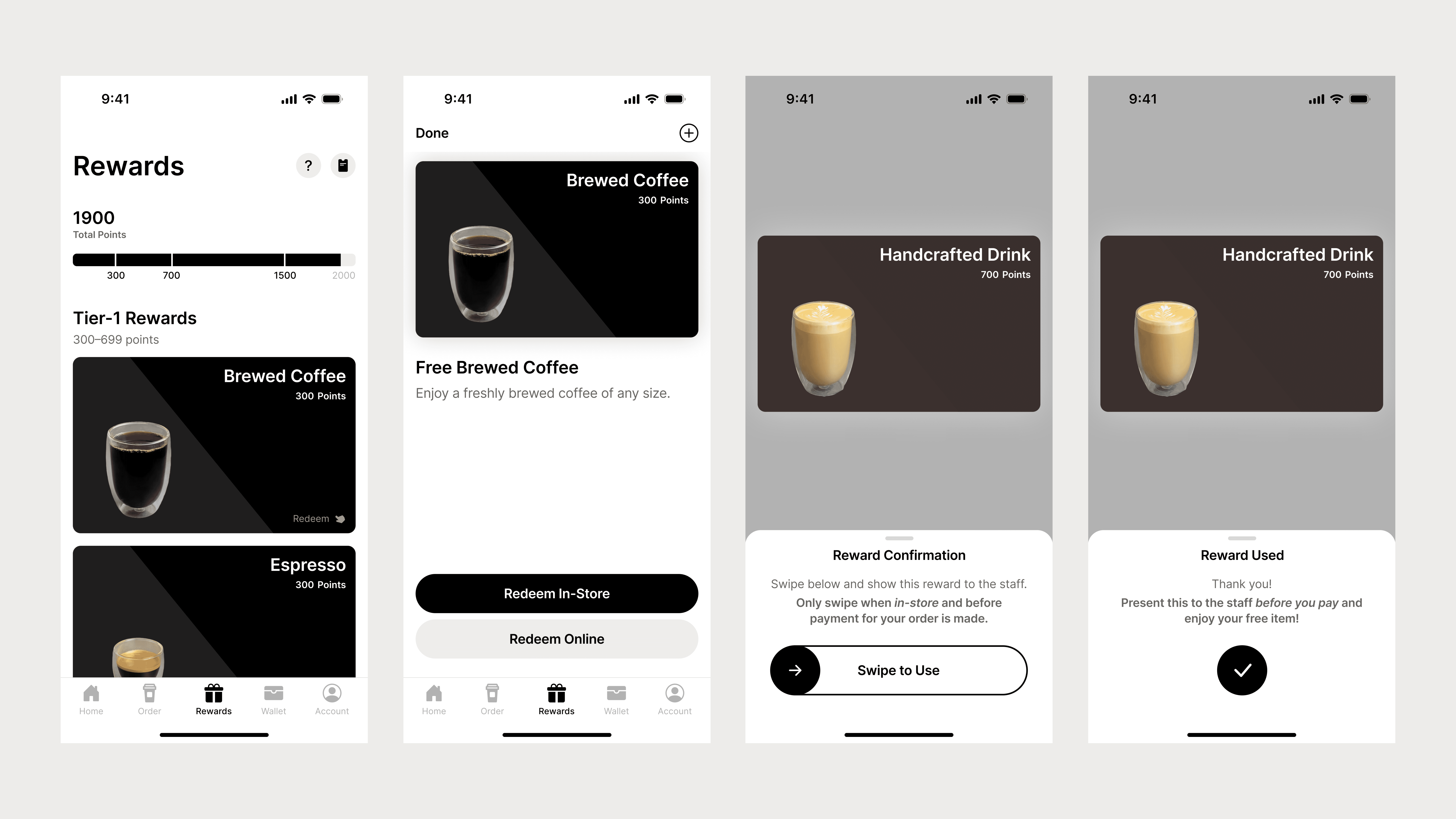 Key screens for rewards used in-store