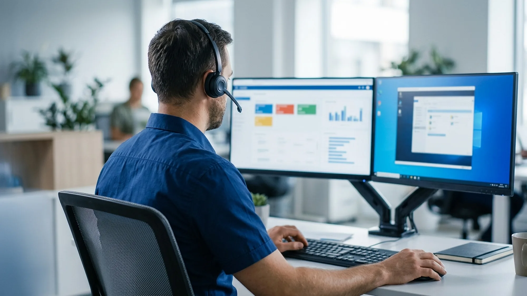 Outsourced IT helpdesk technician working on a dual-screen setup