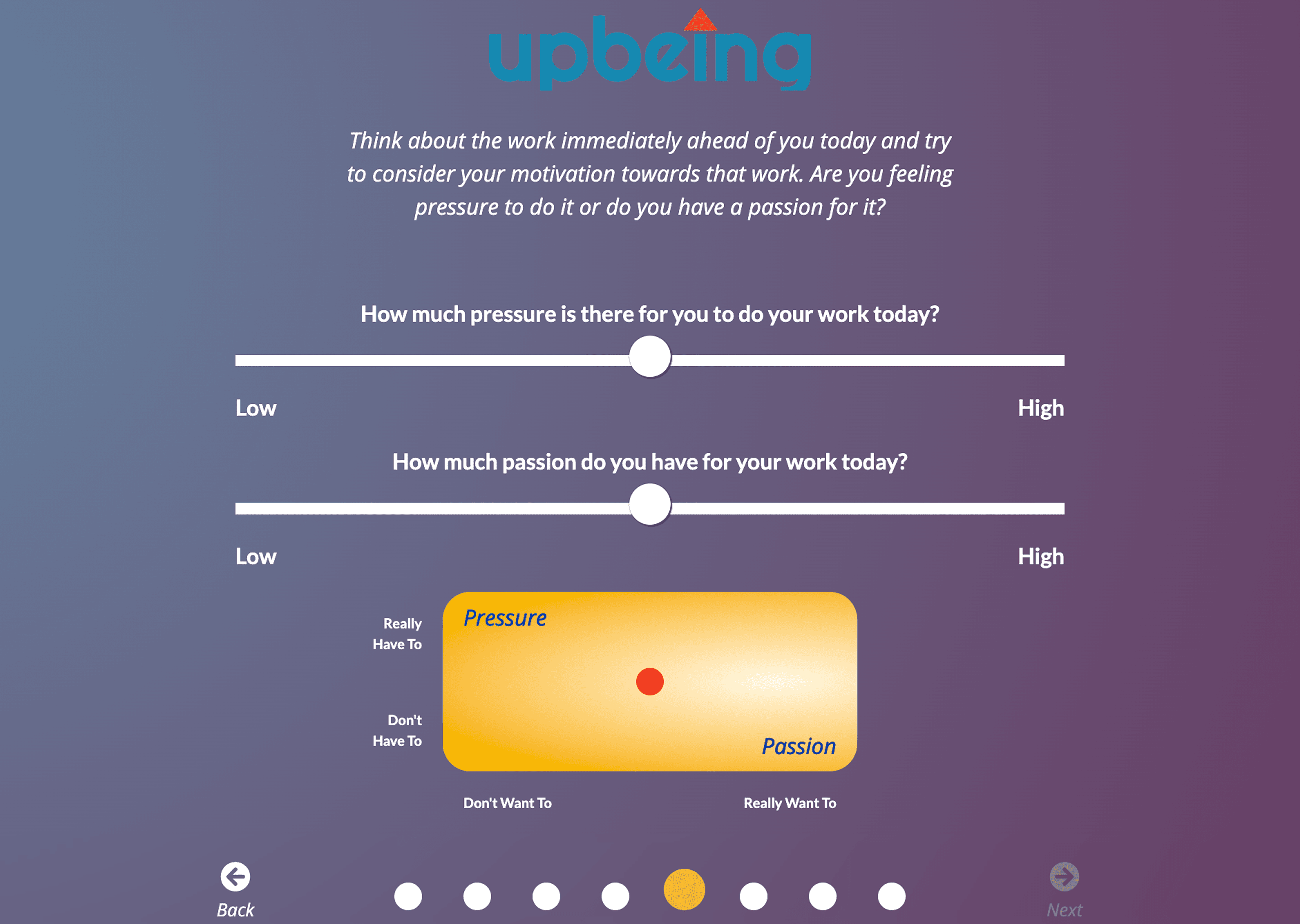 Beta UI screen featuring adjustable sliders that allow users to indicate emotional intensity and preference ranges within the UpBeing experience.
