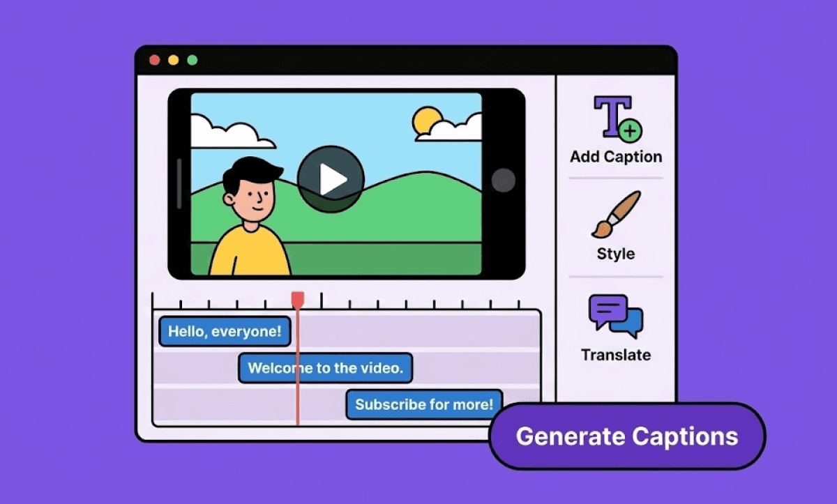 Video editing interface showing a preview screen and caption text appearing on a timeline, illustrating automatic caption generation in Premiere Pro.