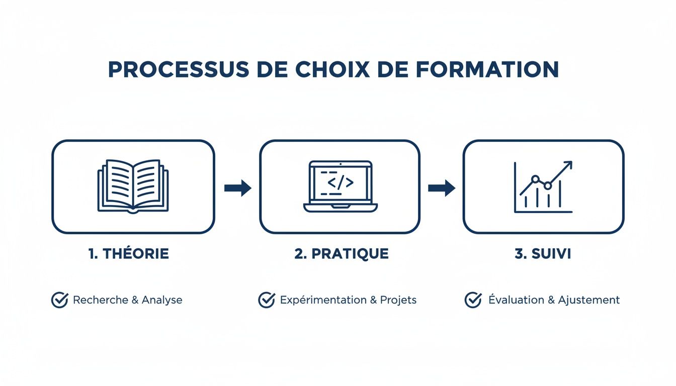 Schéma illustrant le processus de choix de formation en trois étapes: théorie (recherche), pratique (projets) et suivi (évaluation).