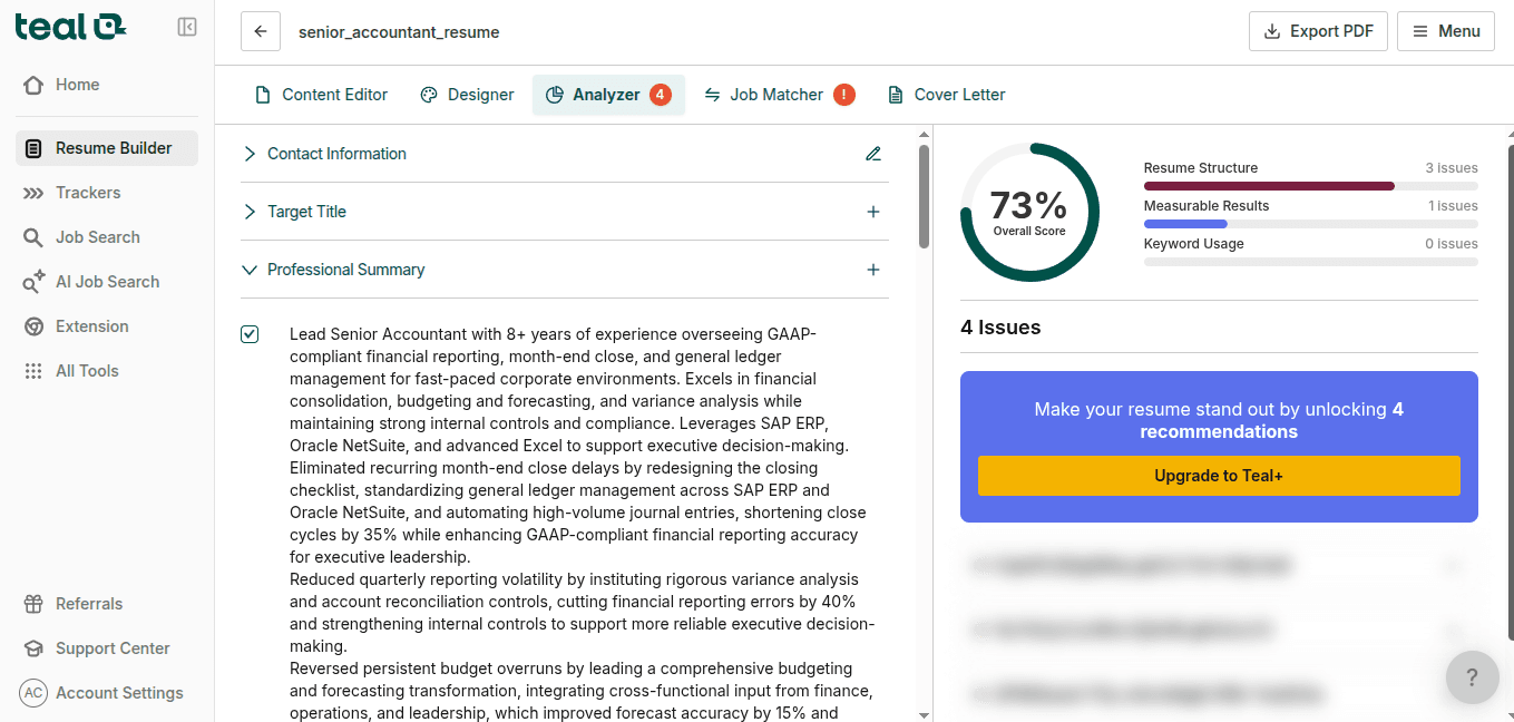 Teal Analyzer: 73% score with 4 issues behind Teal+ paywall