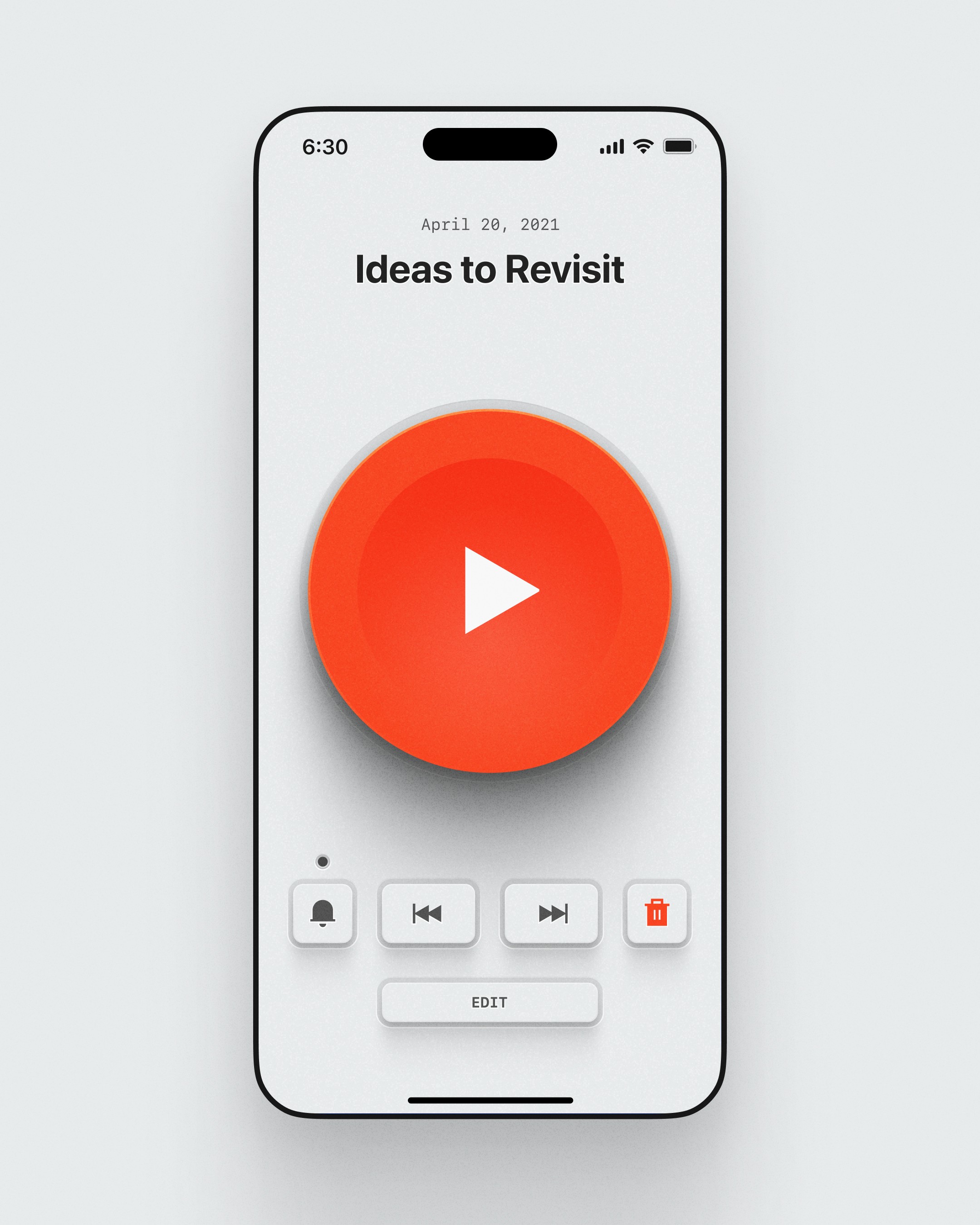 A sleek and modern mobile app interface featuring a large, tactile play button for revisiting saved ideas. The minimalist design, with a soft shadow effect and a clean white background, enhances usability. The UI includes essential playback controls, an edit button, and a notification icon, making it an intuitive tool for managing voice notes. Perfect for UX/UI inspiration and productivity app design.