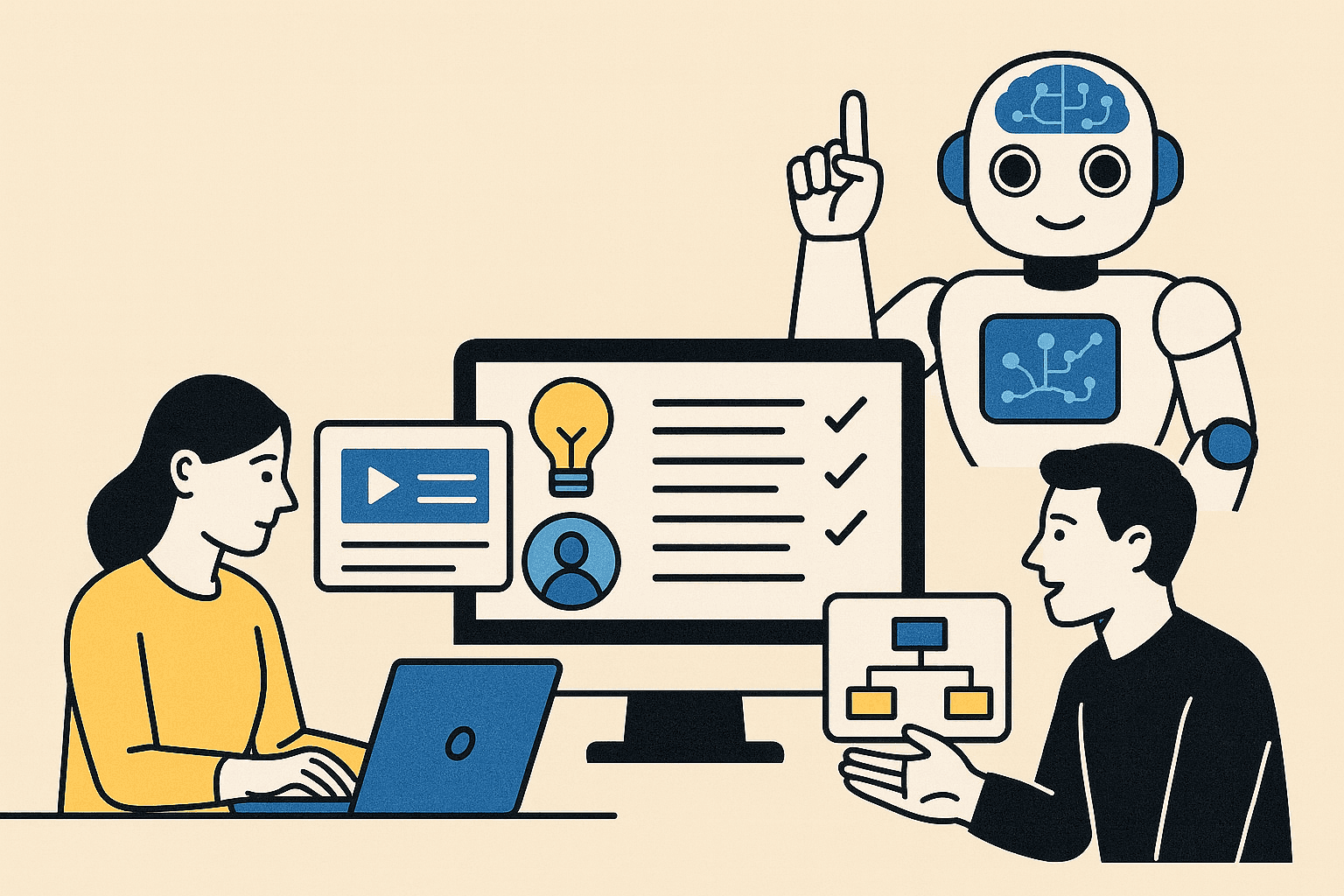Flat-style illustration of eLearning professionals collaborating with a friendly AI robot, symbolizing how AI-generated content enhances creativity and personalization.