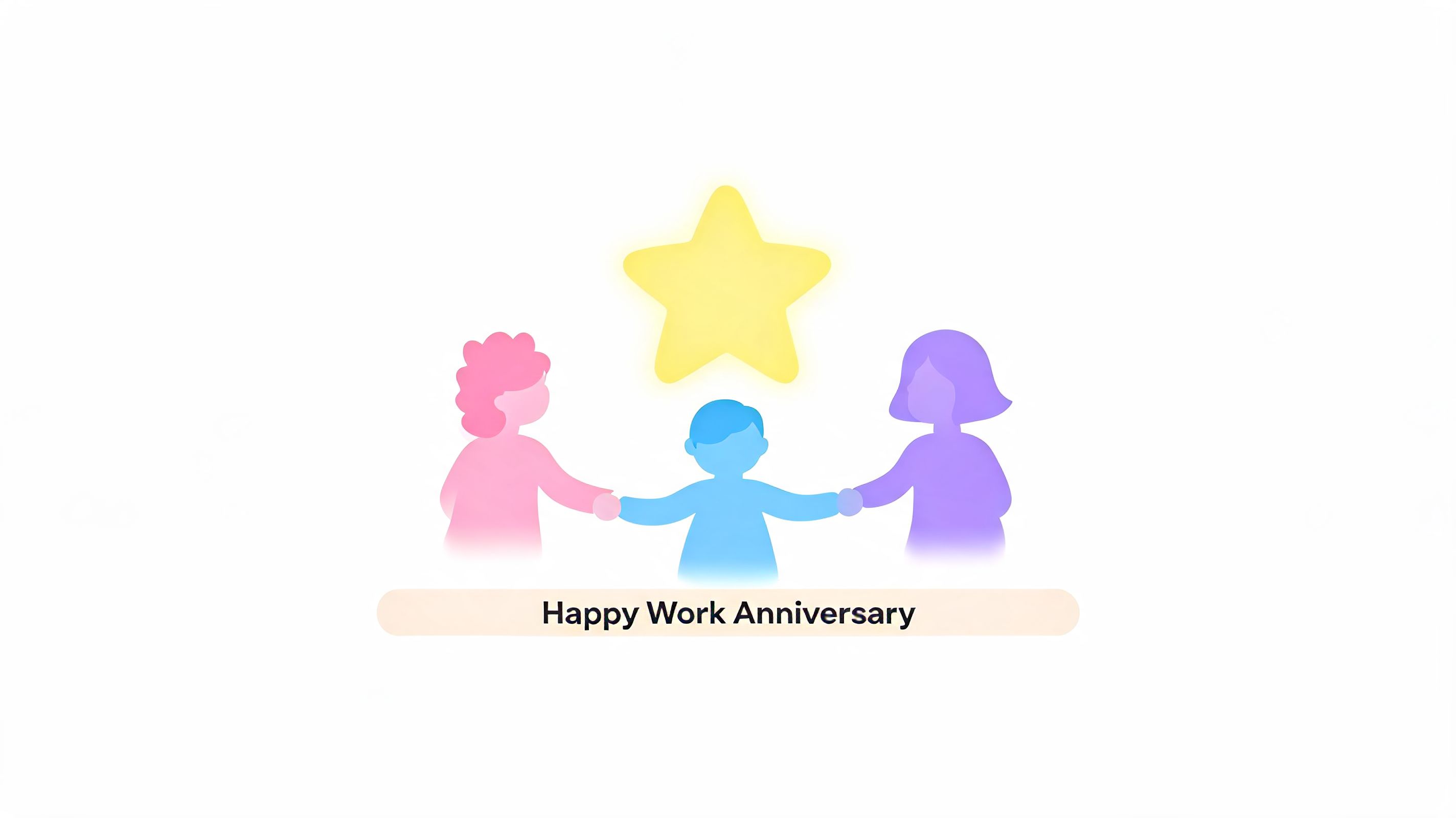 A minimalist graphic of three colorful figures holding hands under a glowing yellow star for work anniversary.