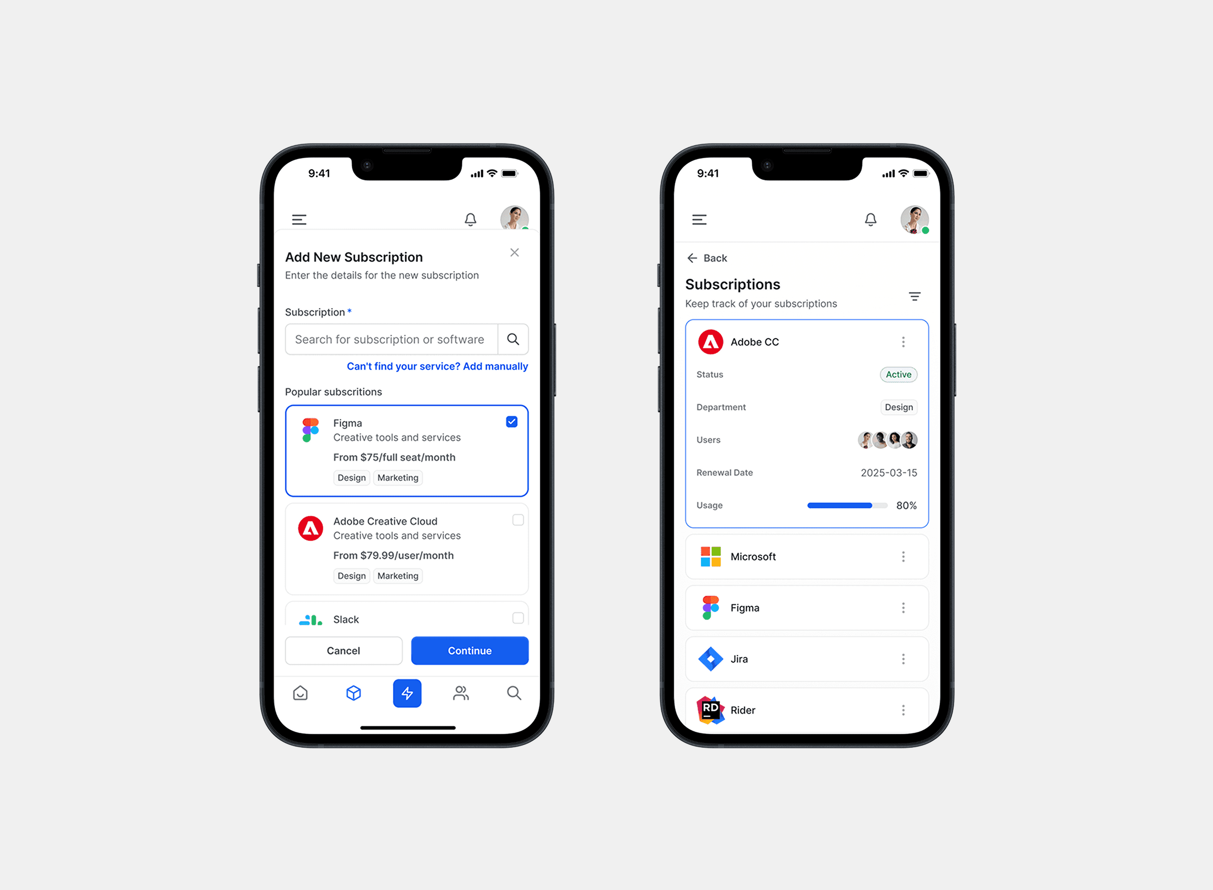 SubSaver Pro mobile app subscriptions screen showing $12K total spend, 38 active subscriptions, 358 total users, and usage breakdown by department