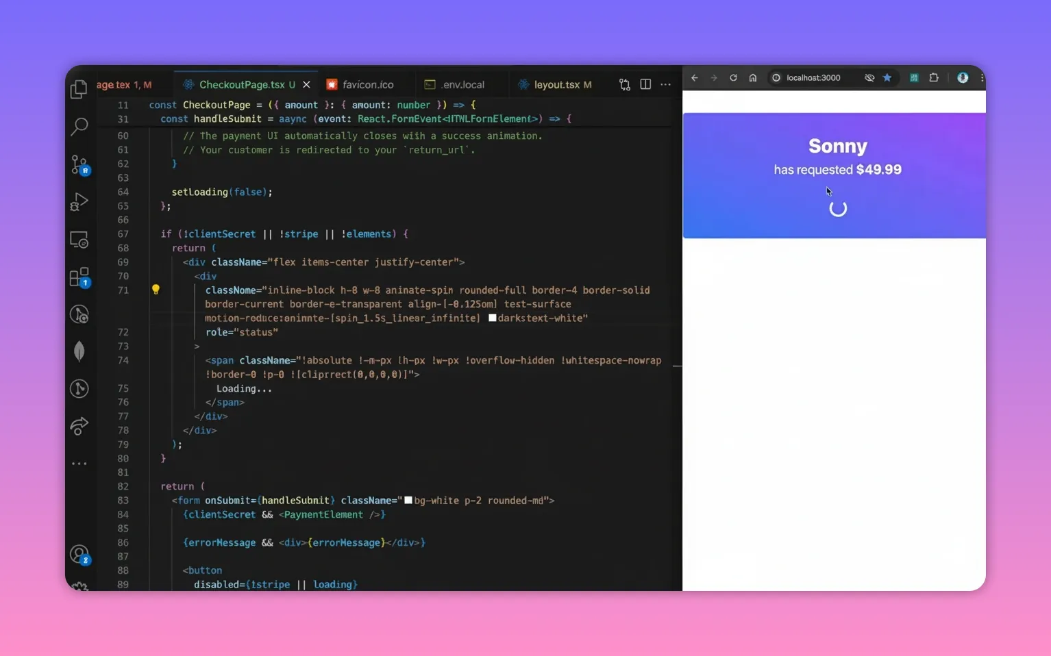 Stripe checkout screen showing a circular loading spinner under the amount header