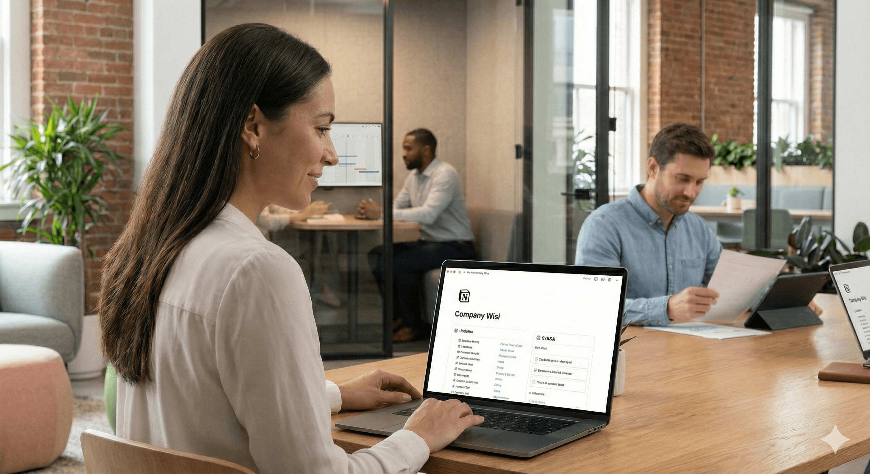 A group of people collaborating in a modern office space with laptops open, reflecting a productive environment ideal for scaling solutions without silos using tools like the Remote × Notion Playbook.