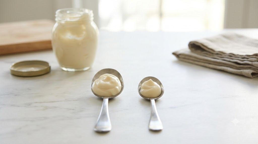 A close-up photograph comparing a serving of mayonnaise on a larger tablespoon next to a smaller teaspoon, with a full glass jar of mayo on a kitchen counter in the background.