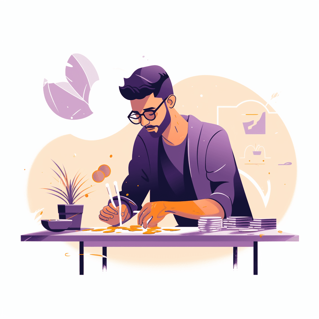 A man with glasses and a beard at a desk working on something.