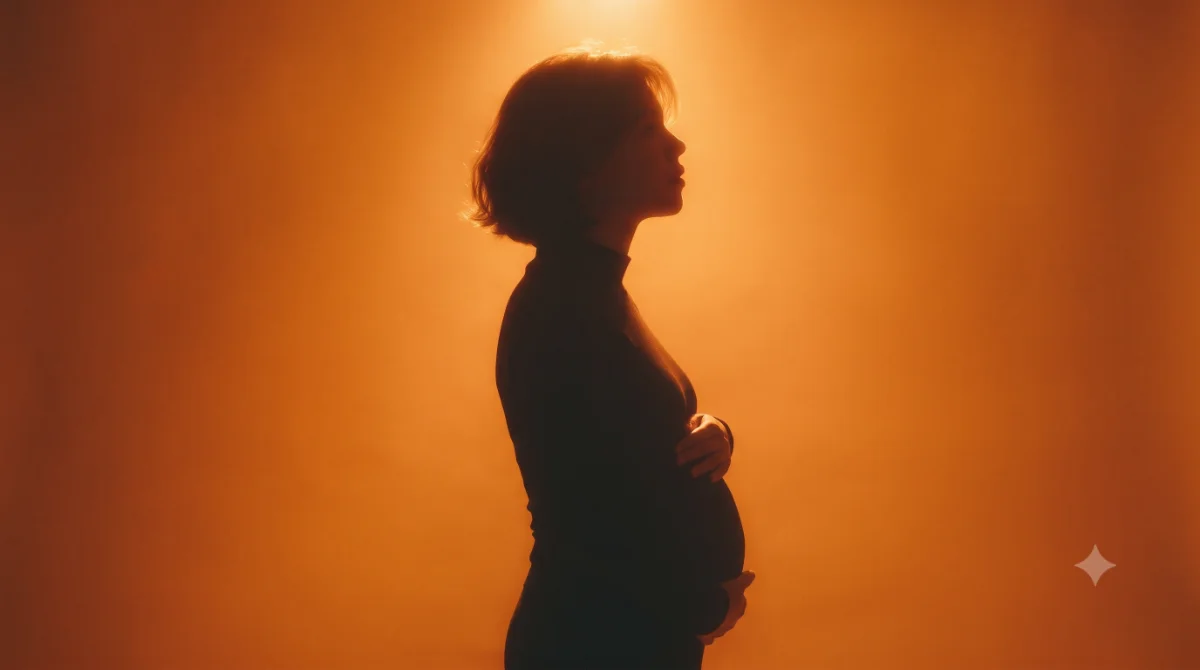 Silhouette of a pregnant woman in profile against warm orange light