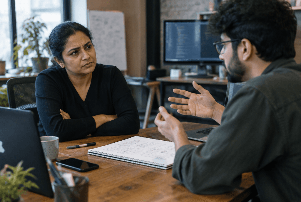 Skeptical business owner listening as a web developer explains AI features across a meeting table