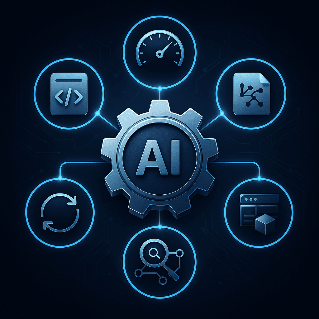 Central AI CMS gear linked to six orbiting icons representing key GEO evaluation criteria