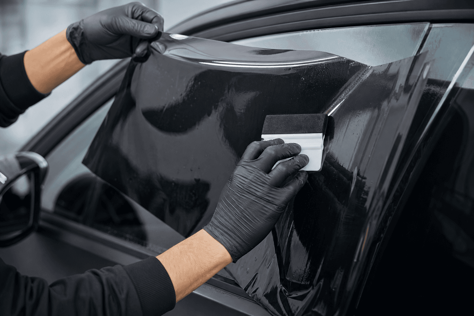 Window tint installer smoothing dark film onto a car's side window with a squeegee
