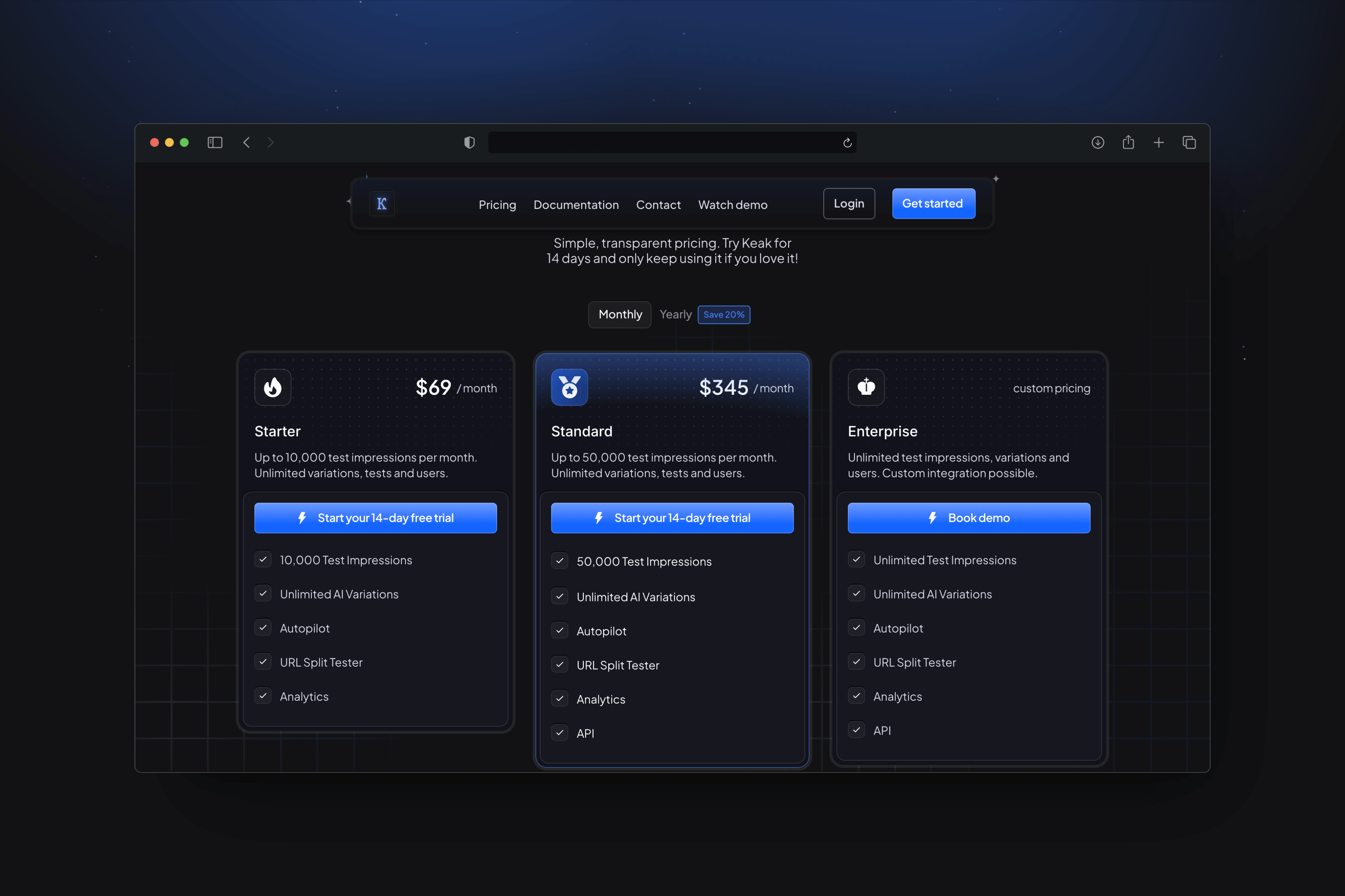 Keak's homepage pricing design