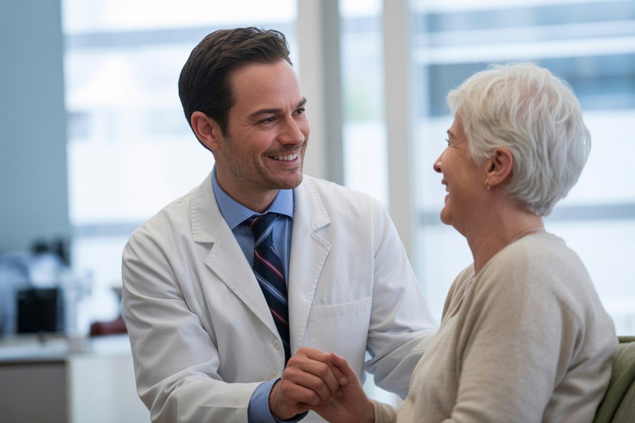 Male doctor in white lab coat having caring consultation with senior female patient, both smiling in bright modern healthcare facility