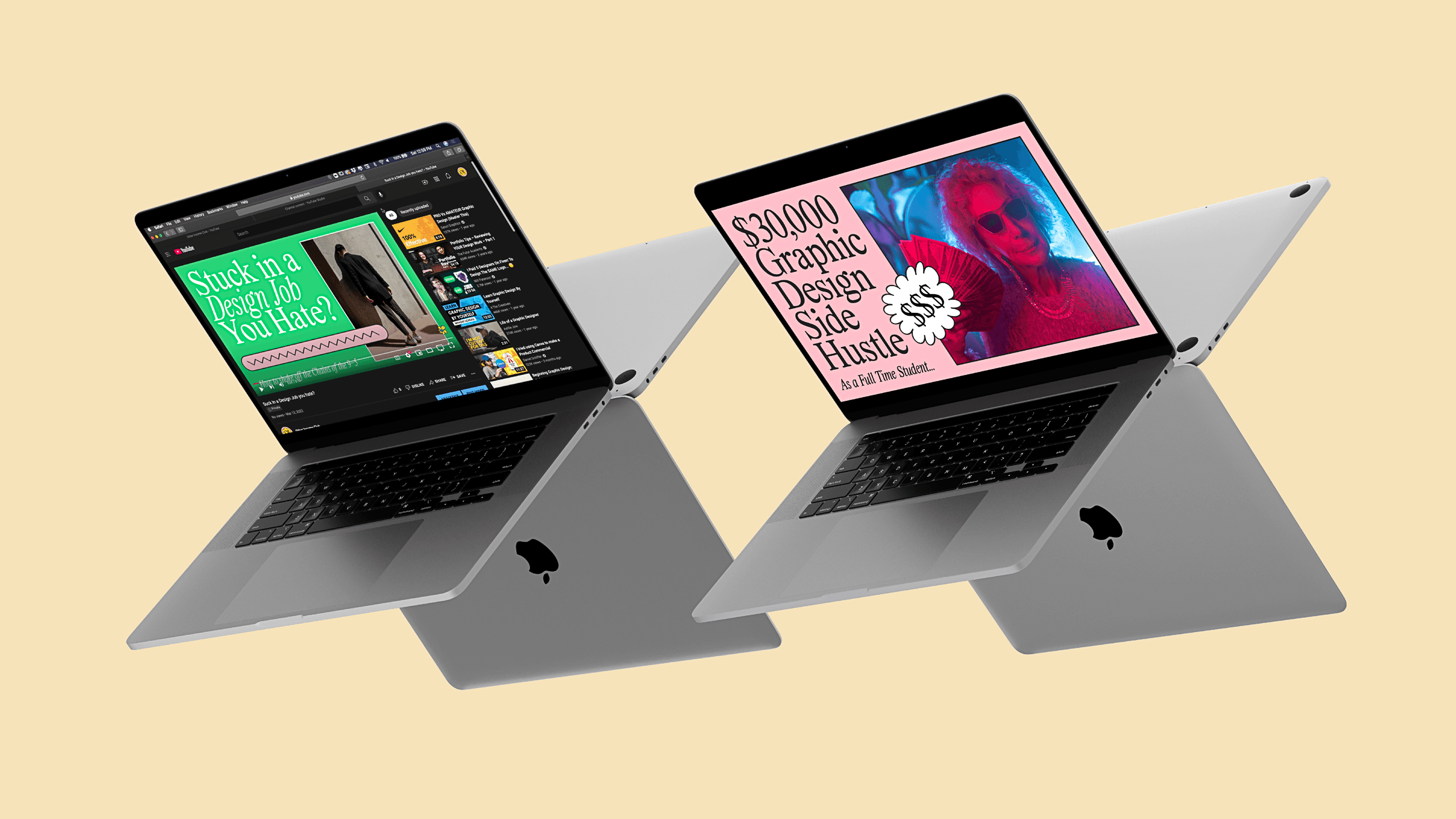 Two Apple MacBook Pro laptops are shown against a light beige background. The left laptop displays a green banner reading “Snuck in a Design Job You Hate” with a person in a dark suit. The right laptop shows a pink banner advertising “$30,000 Graphic Design Side Hustle” with a person in a red shirt. Both laptops are angled slightly and mounted on gray stands.