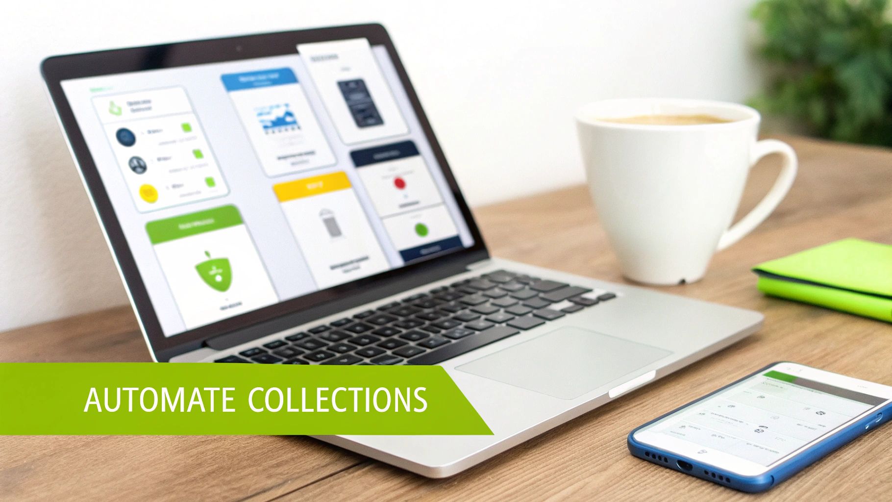 Laptop and smartphone displaying collection management software dashboard on a wooden desk with coffee.