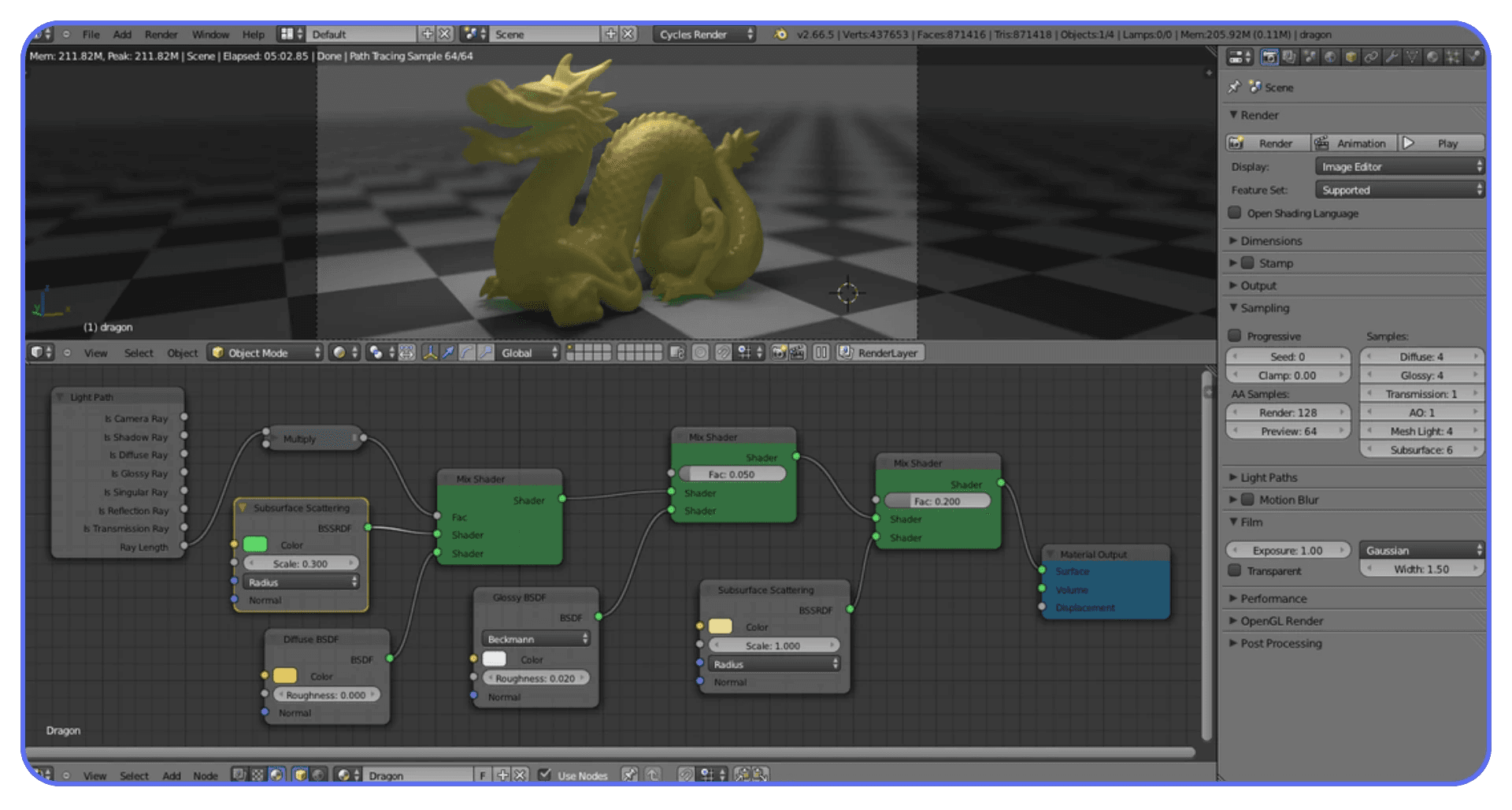 Blender Cycles render showing realistic lighting, soft shadows, and detailed material reflections in a 3D scene