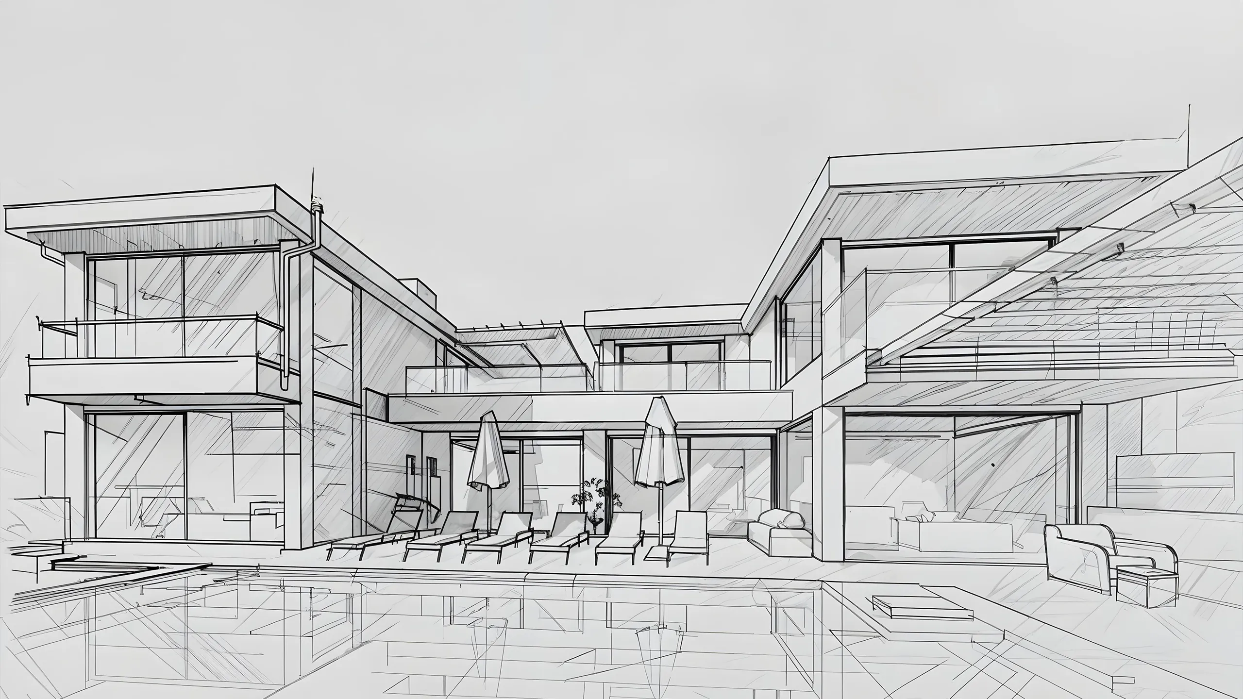 Architectural sketch of a modern terrace and building facade in line drawing style.