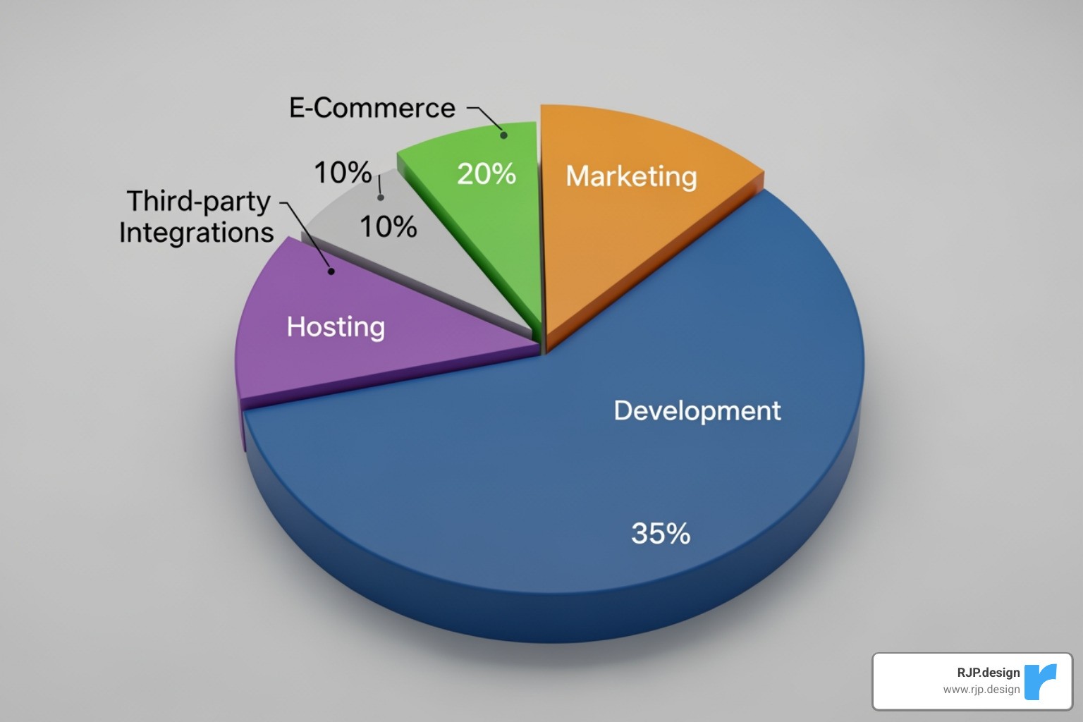 Pie chart illustrating the typical breakdown of e-commerce website costs including development, hosting, maintenance, marketing, and third-party integrations - e-commerce website development